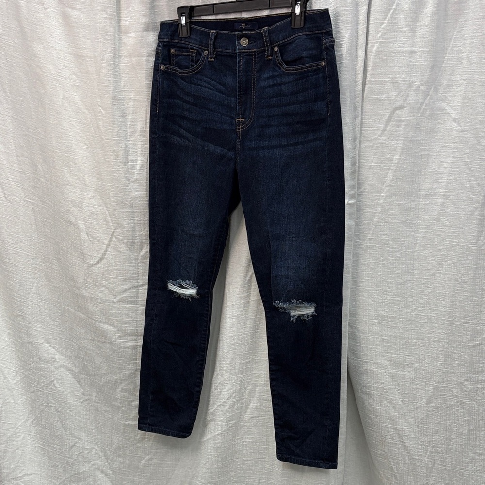 7 For All Mankind Dark Indigo Gwenevere Distressed High Waist Ankle Jeans, Sz 30